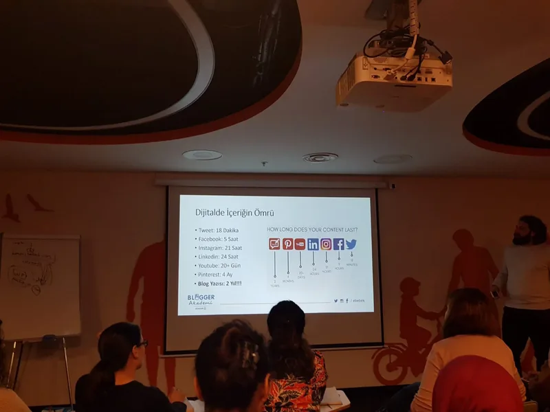 Eğitmen, dijitalde içeriğin ömrünü anlatan sunum slaytını katılımcılara aktarıyor